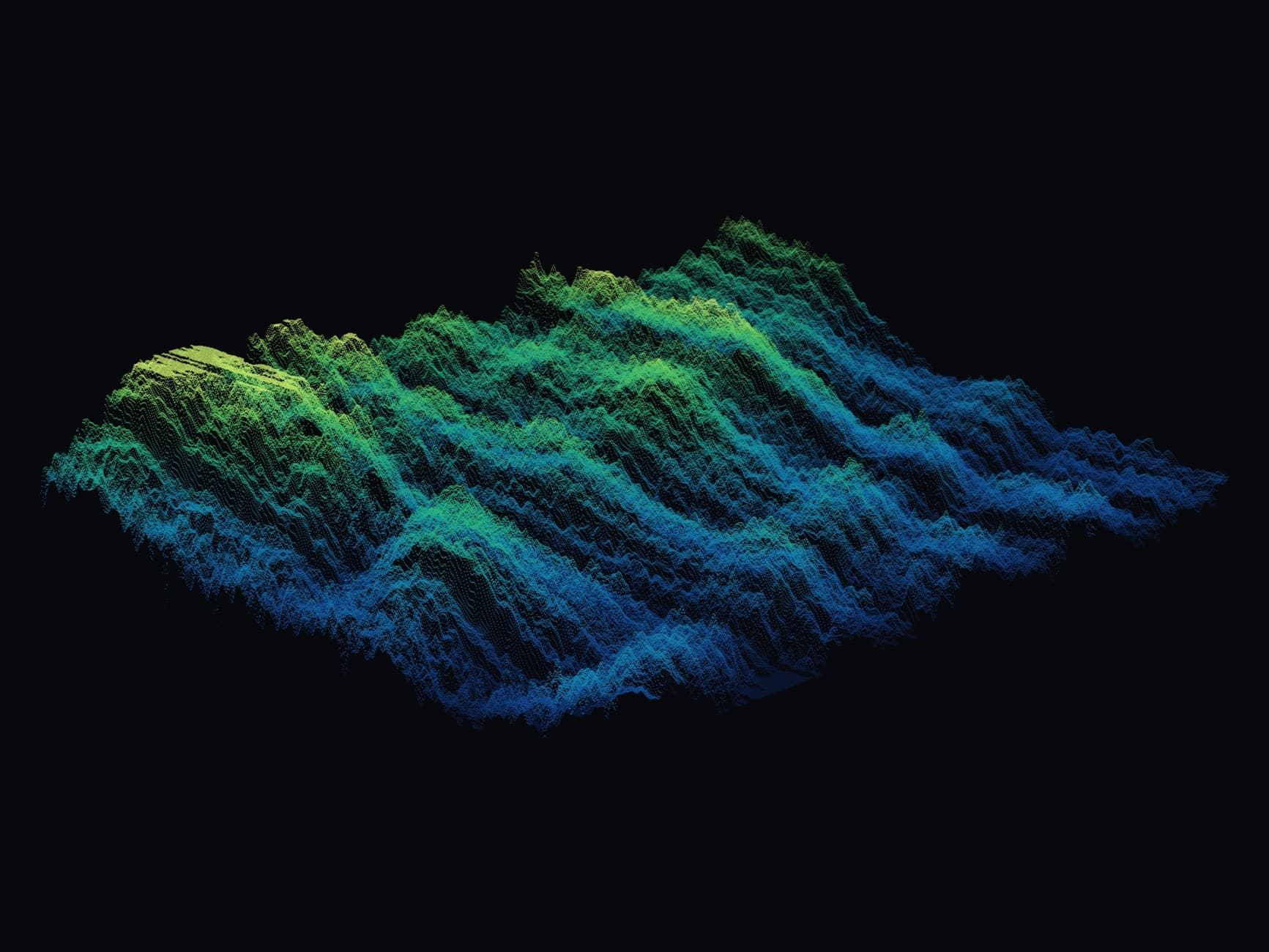 3D LiDAR-puntenwolk van een Nederlands perceel, gekleurd op hoogte (blauw laag naar groen hoog) — Skywold mapping