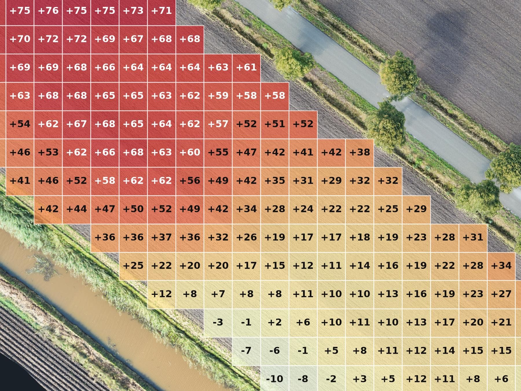 Ingezoomd detail van dezelfde kilverkaart: per vak van vijf bij vijf meter staat in centimeters hoeveel grond eraf of erbij moet